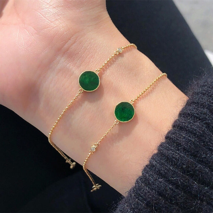 18K Solid Gold Rolo Chain Natural Jade Jadeite Diamond Bracelet Coins Elegant Jewelry