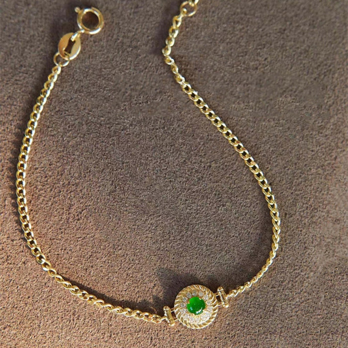 18K Solid Gold Miami Cuban Chain Natural Jade Jadeite Diamond Bracelet Elegant Jewelry