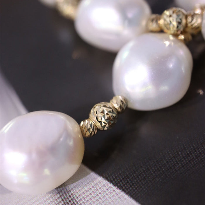 18K Solid Gold Natural Baroque Pearl Bracelet Bead Chain OT Clasp Elegant Jewelry