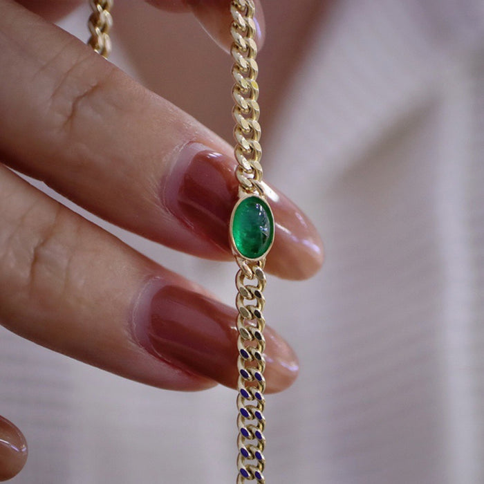 18K Solid Gold Miami Cuban Chain Natural Emerald Bracelet Elegant Jewelry 6.7"