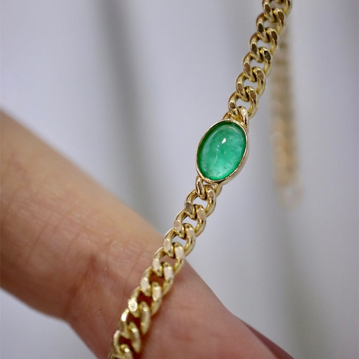 18K Solid Gold Miami Cuban Chain Natural Emerald Bracelet Elegant Jewelry 6.7"