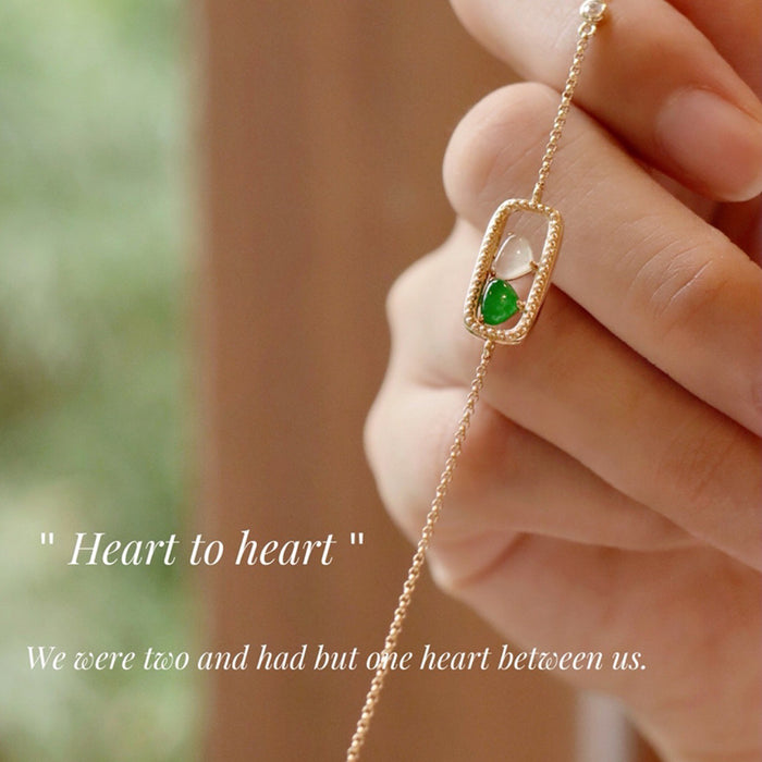 18K Solid Gold Rolo Chain Natural Jade Jadeite Diamond Bracelet Heart Elegant Jewelry