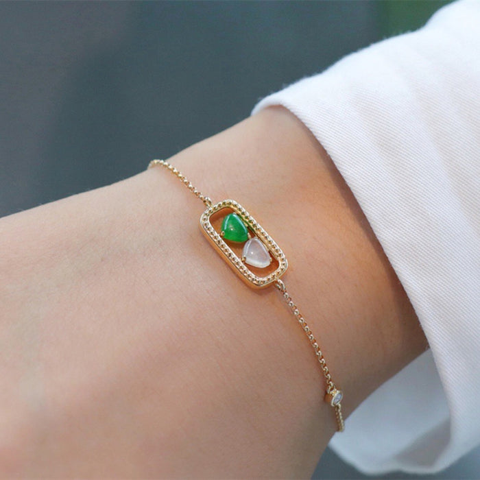 18K Solid Gold Rolo Chain Natural Jade Jadeite Diamond Bracelet Heart Elegant Jewelry