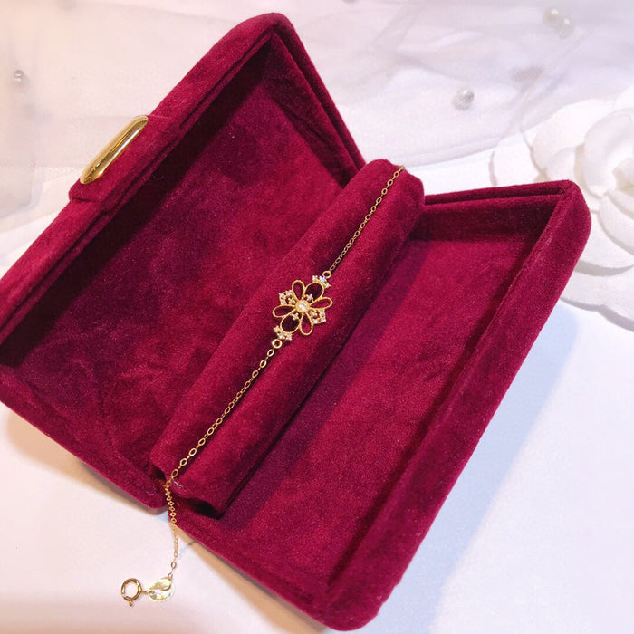 18K Solid Gold O Chain Natural Diamond Bracelet Flower Charm Elegant Jewelry