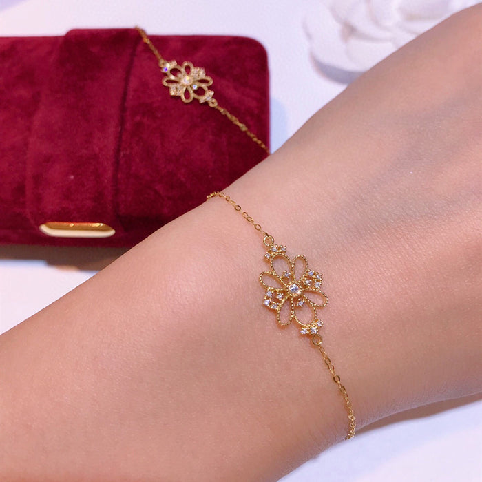 18K Solid Gold O Chain Natural Diamond Bracelet Flower Charm Elegant Jewelry