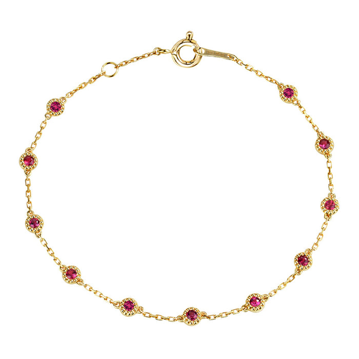 18K Solid Gold Natural Round Ruby Bracelet Rectangle Chain Elegant Jewelry 6.9 in
