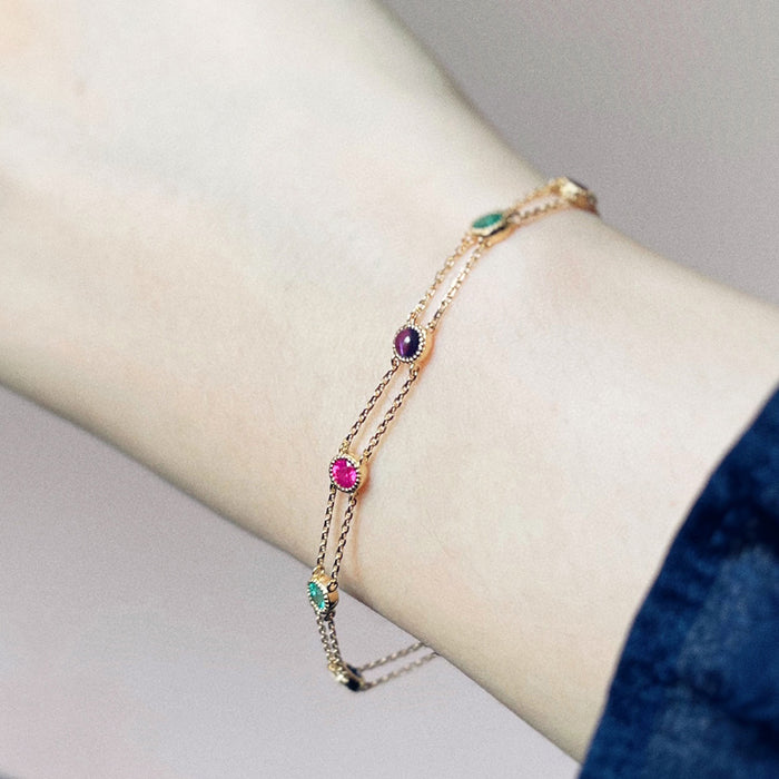 18K Solid Gold Natural Tourmaline Emerald Amethyst Ruby Sapphire Turquoise Bracelet 7.1"