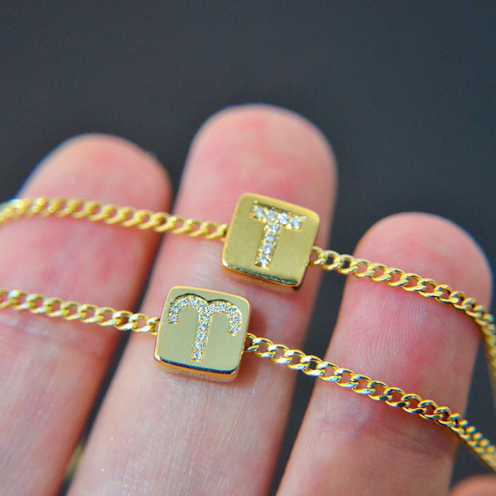 18K Solid Gold Natural Diamond Bracelet Cuban Chain Twelve Constellations Jewelry