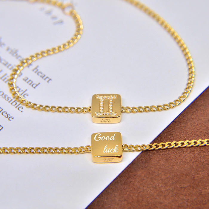 18K Solid Gold Natural Diamond Bracelet Cuban Chain Twelve Constellations Jewelry