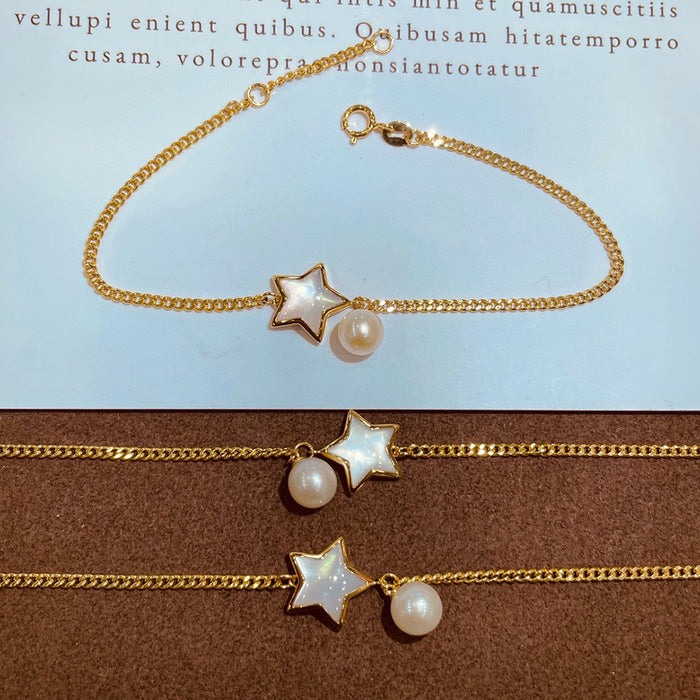 18K Solid Gold Natural Freshwater Pearl Bracelet Pearl Shell Star Cuban Chain Elegant Jewelry