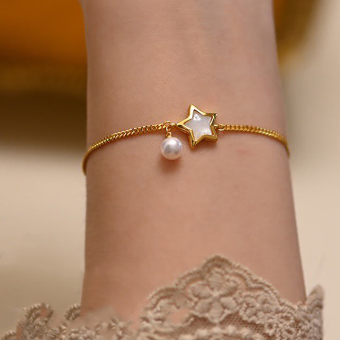 18K Solid Gold Natural Freshwater Pearl Bracelet Pearl Shell Star Cuban Chain Elegant Jewelry