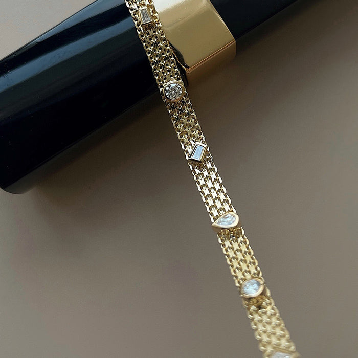 18K Solid Gold Natural Irregular Diamond Bracelet Braided Multiple Layer Chain Jewelry 7.1"