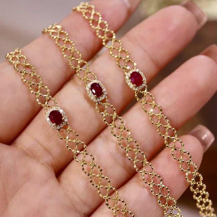 18K Solid Gold Natural Oval Ruby Diamond Bracelet Bead Braided Chain Lace Jewelry 7.1"
