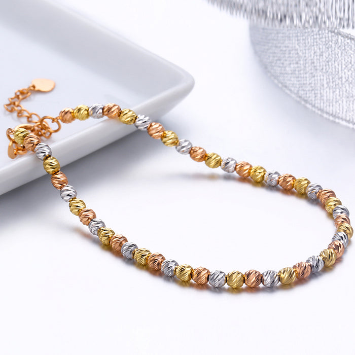 18K Solid Gold 2mm 3mm Round Laser Bead Beaded Bracelet Charm Jewelry 7.3" 7.5"