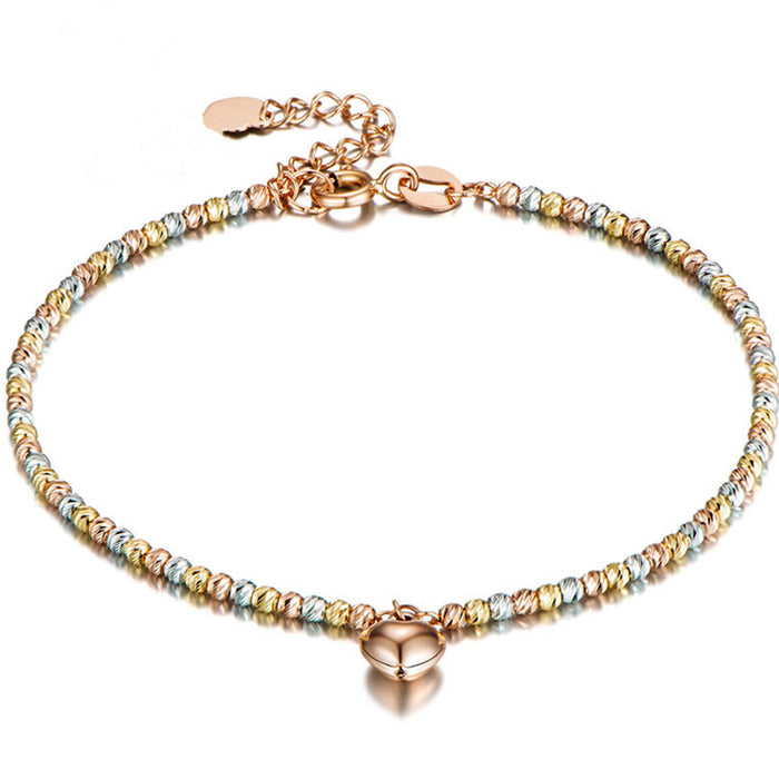18K Solid Multicolor Gold Laser Bead Beaded Bracelet Heart Charm Jewelry 7.5"