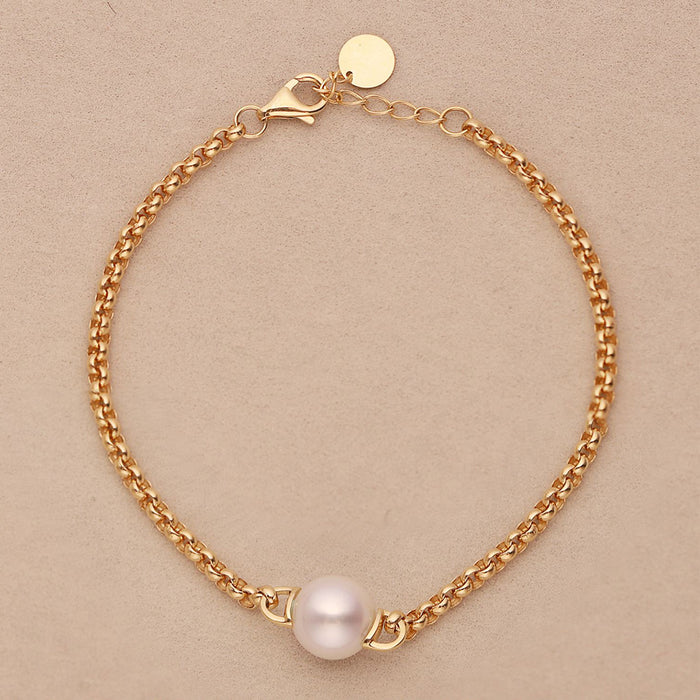 18K Solid Gold Rolo Chain 8mm Natural Freshwater Pearl Bracelet Charm Jewelry 7.1"