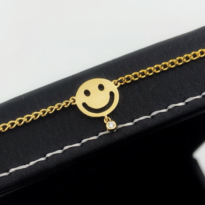 18K Solid Gold Natural Diamond Bracelet Miami Cuban Chain Smiling Face Jewelry