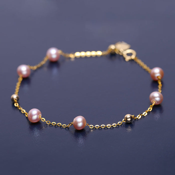 18K Solid Gold 4.5mm Natural Freshwater Purple Pearl Bracelet Bead Charm Jewelry
