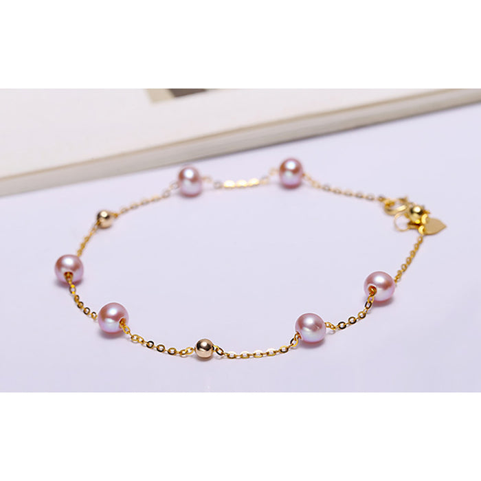 18K Solid Gold 4.5mm Natural Freshwater Purple Pearl Bracelet Bead Charm Jewelry