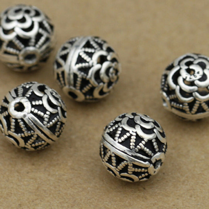5Pcs 925 Sterling Silver Flower Round Spacers Beads Loose For Bracelet DIY Making Parts