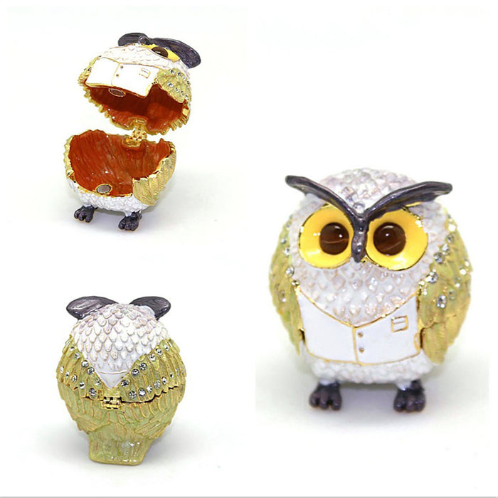 Hard Carved Jewelry Gift Owl Crystal Enameled Trinket Fashion Organizer Box Storage