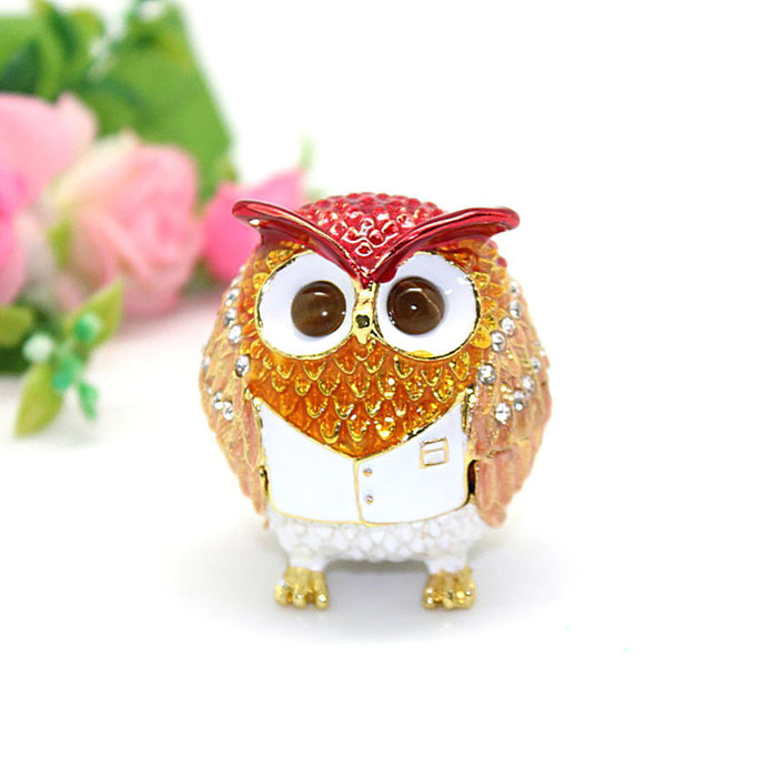 Hard Carved Jewelry Gift Owl Crystal Enameled Trinket Fashion Organizer Box Storage