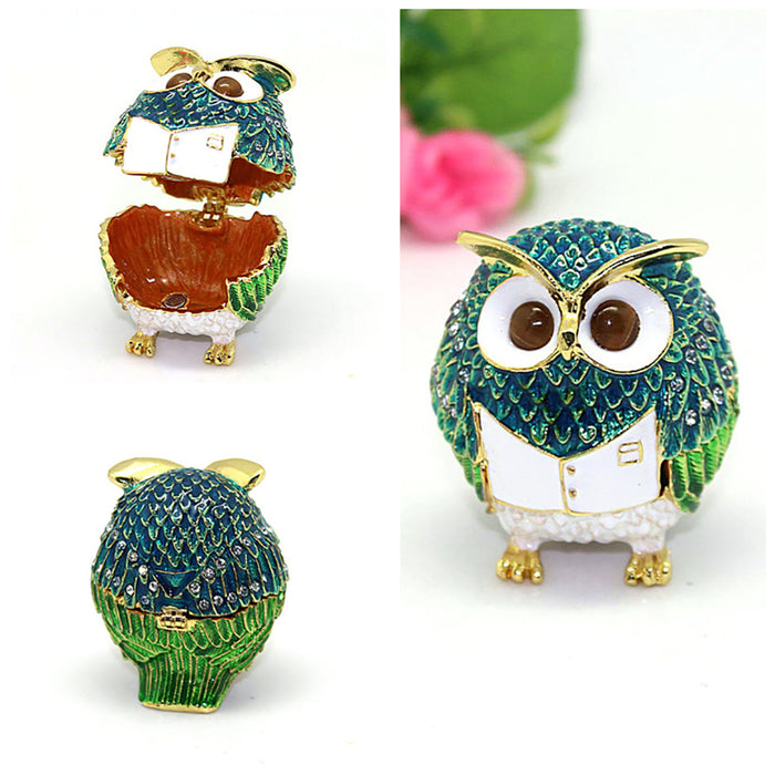 Hard Carved Jewelry Gift Owl Crystal Enameled Trinket Fashion Organizer Box Storage