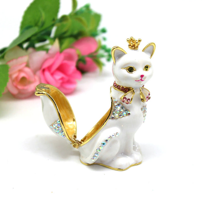 Hard Carved Jewelry Gift Cat Crown Crystal Enameled Trinket Fashion Organizer Box Storage
