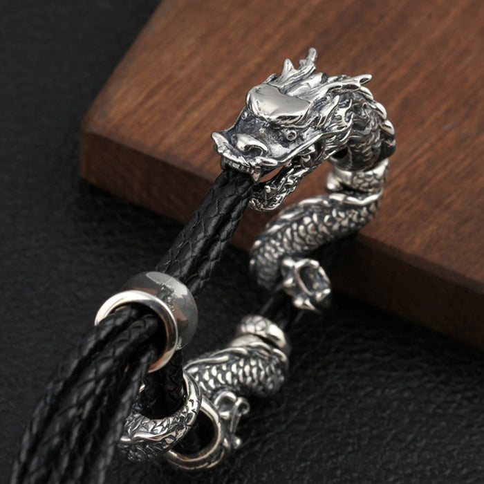 Real Solid 925 Sterling Silver Bracelet Genuine Leather Animals Dragon Adjustable Jewelry