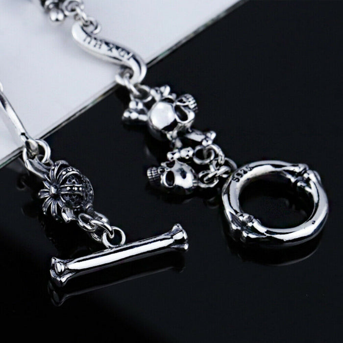 Real Solid 925 Sterling Silver Bracelet Skulls Crown OT-Buckle Punk Jewelry 7.1"