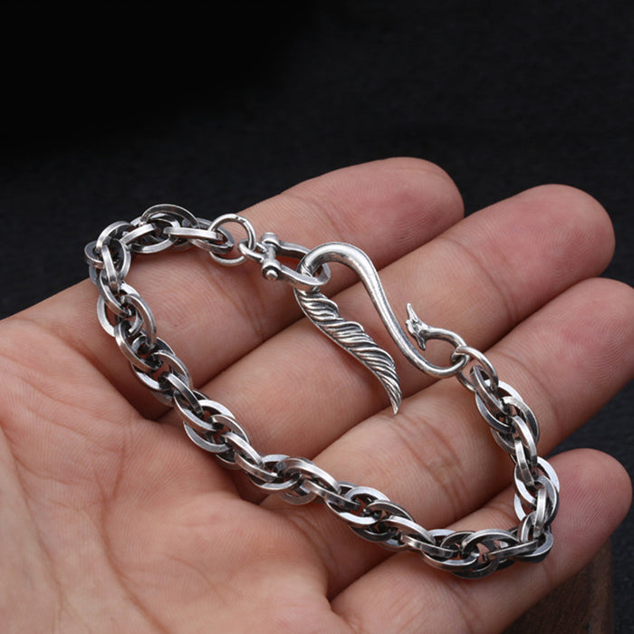 Real Solid 925 Sterling Silver Bracelet Link Chain Feather Hook-Buckle Punk Jewelry 6.7"