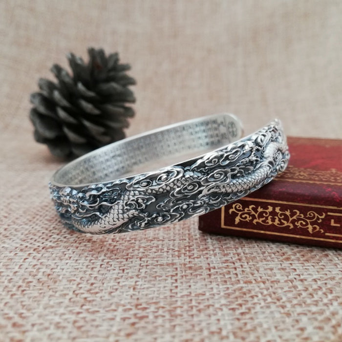 Real Solid 999 Pure Sterling Silver Cuff Bracelet Bangle Lection Animals Dragon Phoenix Auspicious Cloud Jewelry