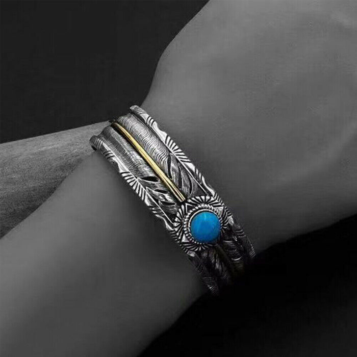 Real Solid 925 Sterling Silver Cuff Bracelet Bangle Feather Round Turquoise Fashion Punk Jewelry