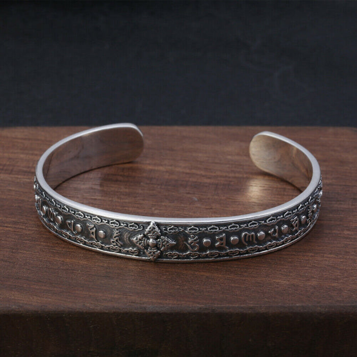 Real Solid 925 Sterling Silver Cuff Bracelet Bangle Religions Om Mani Padme Hum Vajra Luck Jewelry