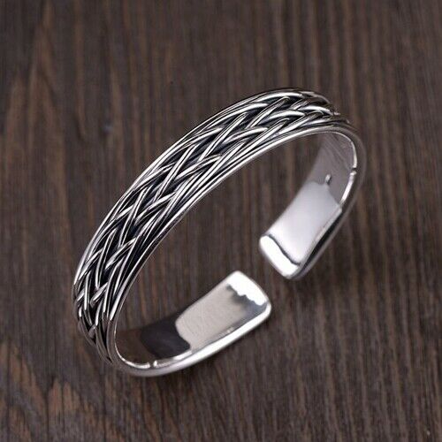 Real Solid 999 Sterling Pure Silver Cuff Bracelet Bangle Braided Woven Fashion Punk Jewelry