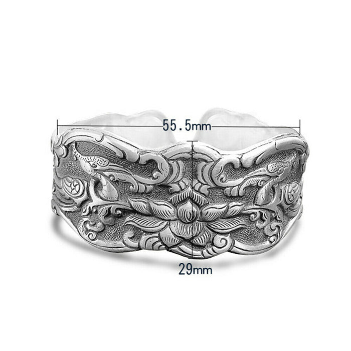 Huge Heavy Real Solid 999 Sterling Pure Silver Cuff Bracelet Bangle Flowers Lotus Fashion Jewelry