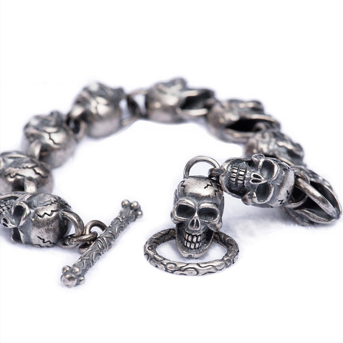 Men's Real Solid 925 Sterling Silver Bracelet Link Skeletons Skulls Punk Jewelry 8.7" 9.5"