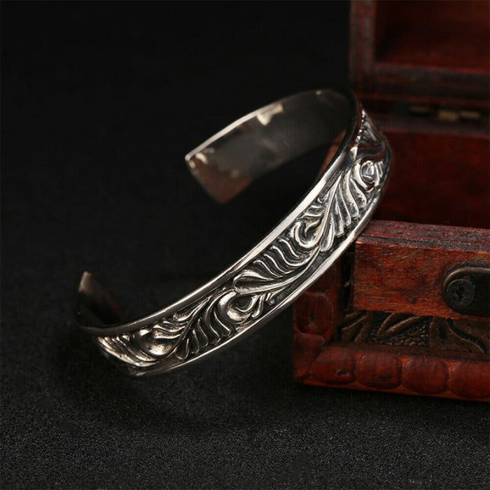 Men's Real Solid 925 Sterling Silver Cuff Bracelet Bangle Leaf Pattern Fashion Punk Jewelry