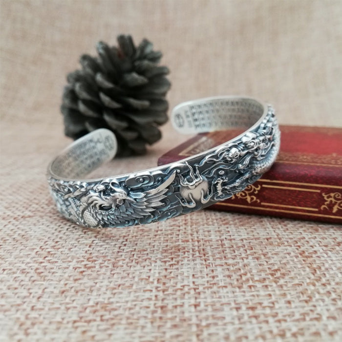 Real Solid 999 Pure Sterling Silver Cuff Bracelet Bangle Lection Animals Dragon Phoenix Auspicious Cloud Jewelry