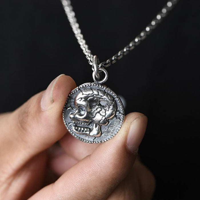 Men‘s Real Solid 925 Sterling Silver Pendants Skull Hole Fashion Round