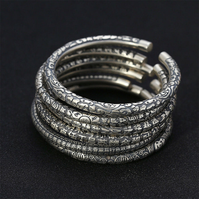 Real Solid 925 Sterling Silver Cuff Bracelet Bangle Religions Lection Om Mani Padme Hum Luck Jewelry