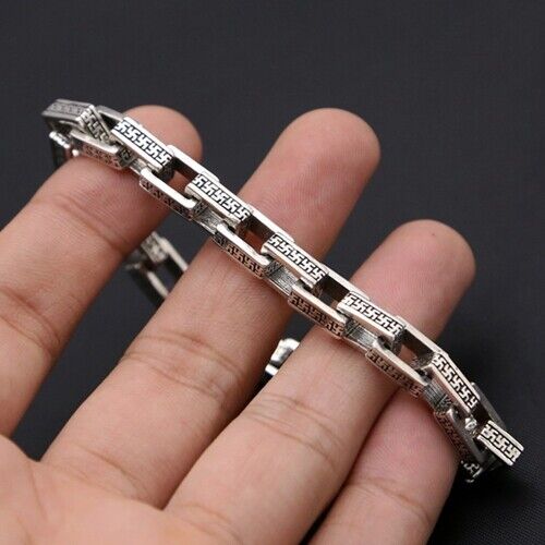 Real Solid 925 Sterling Silver Bracelet Link Loop Cube Rectangle Lection Sanskrit Chain Punk Jewelry