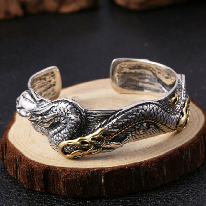 Men's Huge Heavy Real Solid 925 Sterling Silver Cuff Bracelet Animals Dragon Open Bangle
