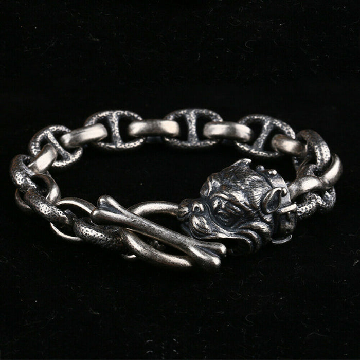 Men's Real Solid 925 Sterling Silver Bracelet Dog's Head Shape-8 Link 7.9" 8.7"