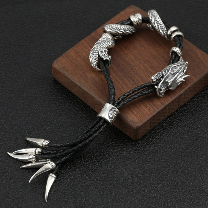 Real Solid 925 Sterling Silver Bracelet Genuine Leather Animals Dragon Adjustable Jewelry