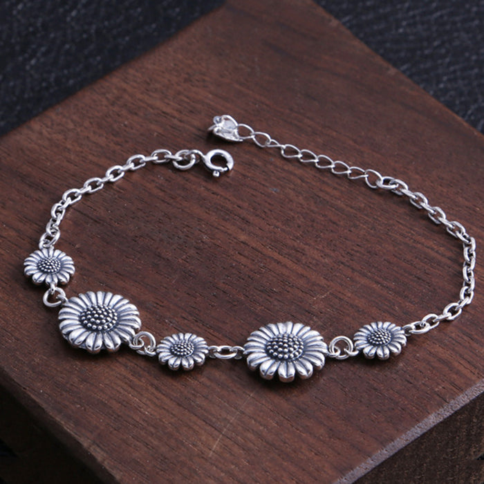 Real Solid 925 Sterling Silver Bracelet Flowers Daisy Fashion Jewelry 8.7"