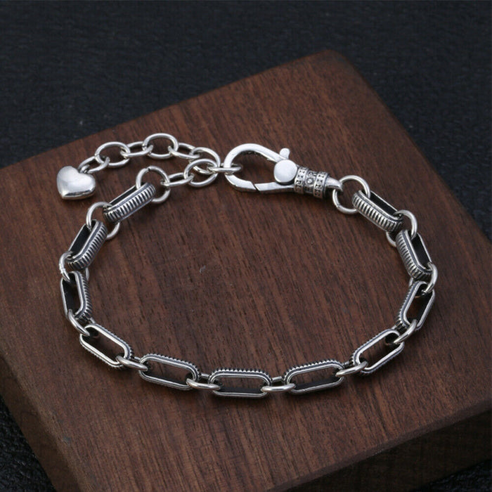 Real Solid 925 Sterling Silver Bracelet Oval Link Chain Loop Heart Punk Jewelry