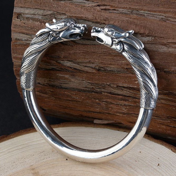 Men's Real Solid 990 Sterling Silver Cuff Bracelet Bangle Dragon Animal Polished Punk Jewelry