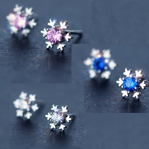 Women's925 Sterling Silver Ear Stud Earrings Zircon Snow White Blue Pink Jewelry