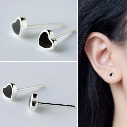 Women's 925 Sterling Silver Ear Stud Earrings Black Square Triangle Heart Circle